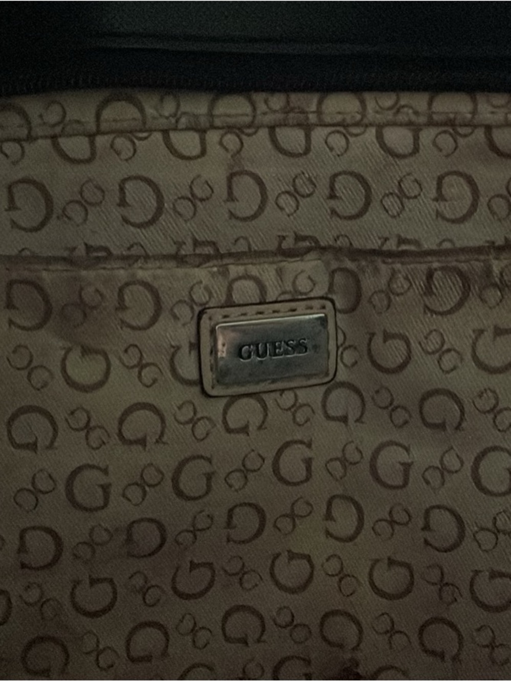 GUESS Men's Beige Monogram Travel Bag with Metal Logo Plate